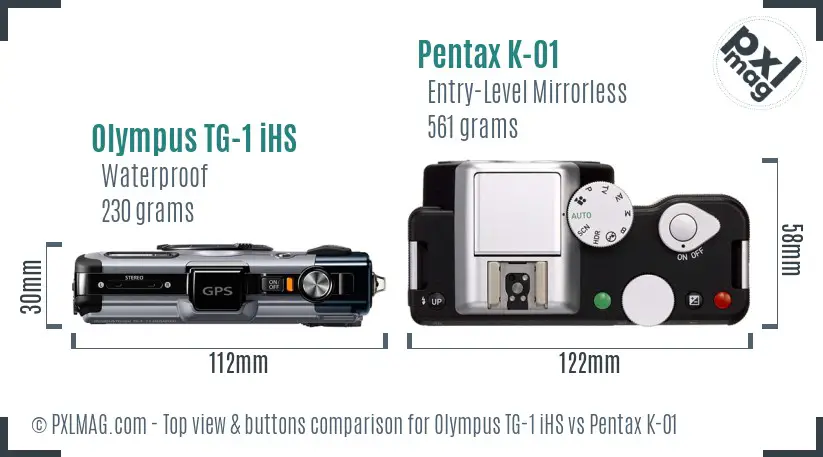 Olympus TG-1 iHS vs Pentax K-01 top view buttons comparison
