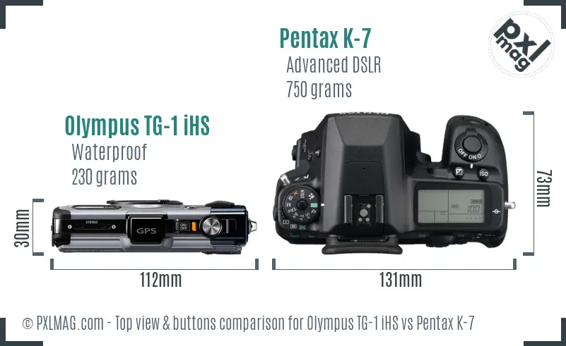 Olympus TG-1 iHS vs Pentax K-7 top view buttons comparison Olympus TG-1 iHS vs Pentax K-7 top view buttons comparison