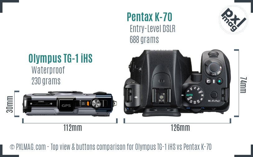 Olympus TG-1 iHS vs Pentax K-70 top view buttons comparison