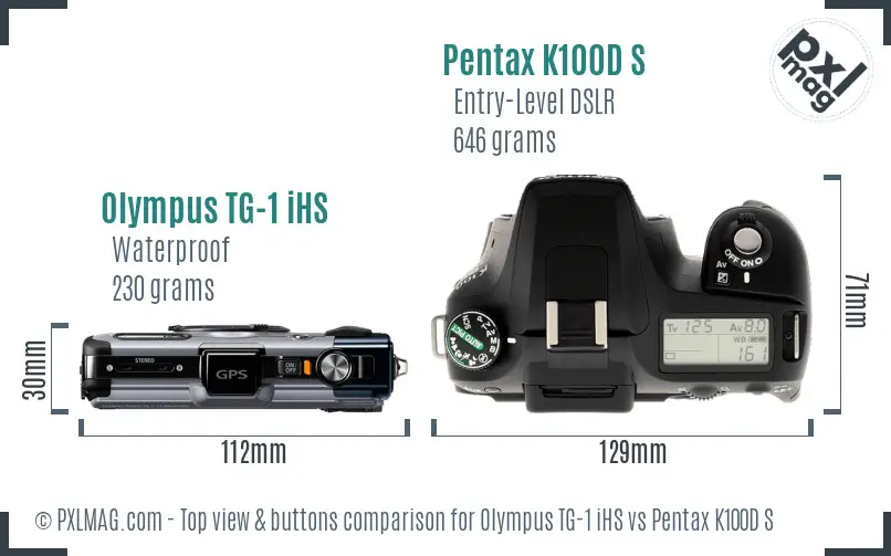 Olympus TG-1 iHS vs Pentax K100D S top view buttons comparison