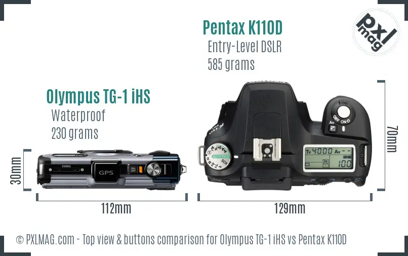 Olympus TG-1 iHS vs Pentax K110D top view buttons comparison Olympus TG-1 iHS vs Pentax K110D top view buttons comparison