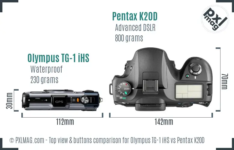 Olympus TG-1 iHS vs Pentax K20D top view buttons comparison