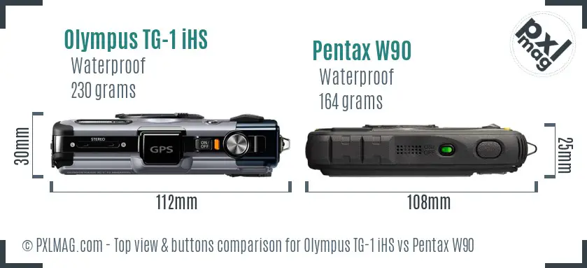 Olympus TG-1 iHS vs Pentax W90 top view buttons comparison