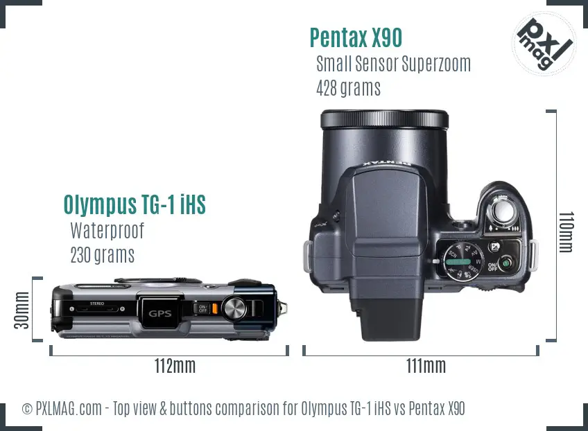 Olympus TG-1 iHS vs Pentax X90 top view buttons comparison