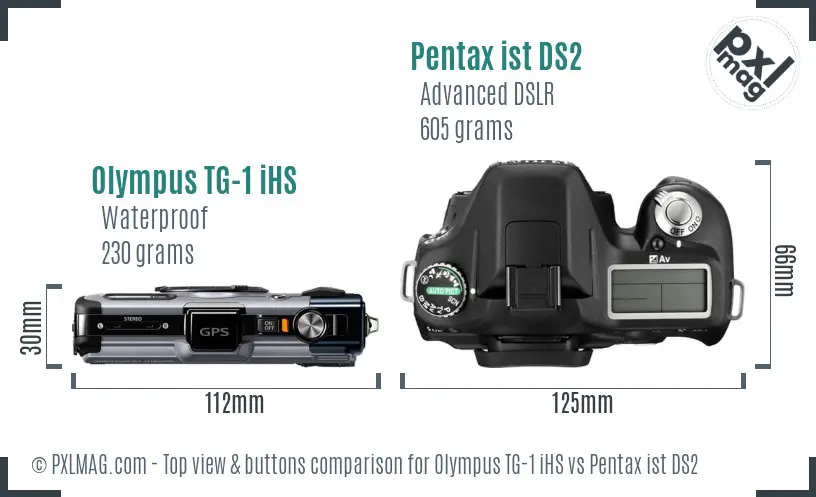 Olympus TG-1 iHS vs Pentax ist DS2 top view buttons comparison Olympus TG-1 iHS vs Pentax ist DS2 top view buttons comparison