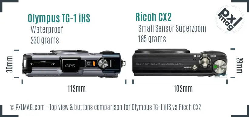 Olympus TG-1 iHS vs Ricoh CX2 top view buttons comparison