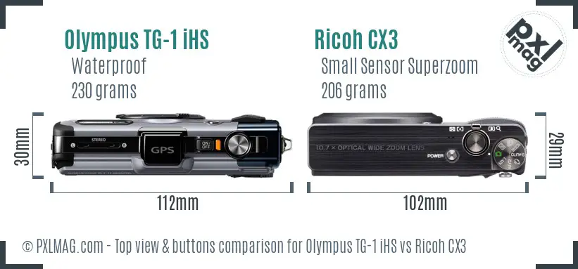 Olympus TG-1 iHS vs Ricoh CX3 top view buttons comparison