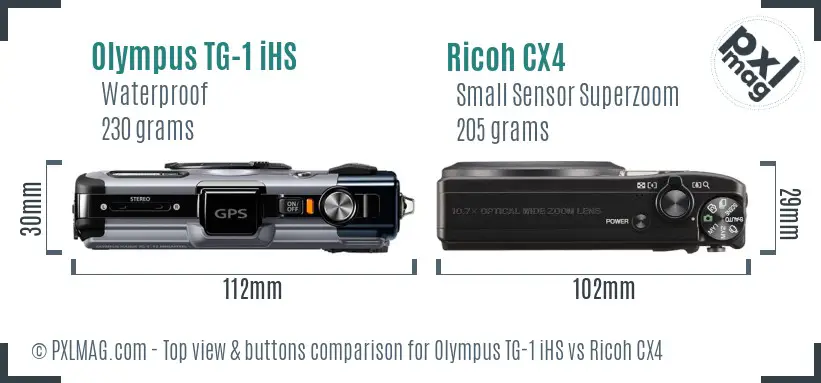 Olympus TG-1 iHS vs Ricoh CX4 top view buttons comparison