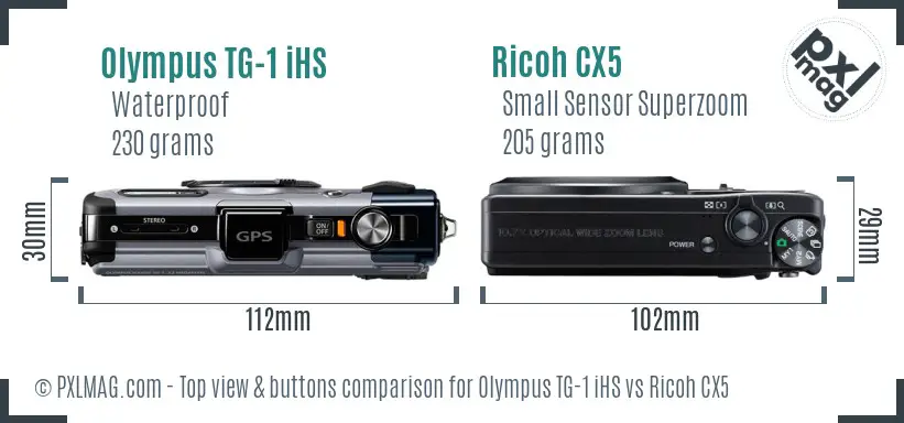 Olympus TG-1 iHS vs Ricoh CX5 top view buttons comparison Olympus TG-1 iHS vs Ricoh CX5 top view buttons comparison