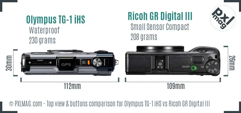 Olympus TG-1 iHS vs Ricoh GR Digital III top view buttons comparison