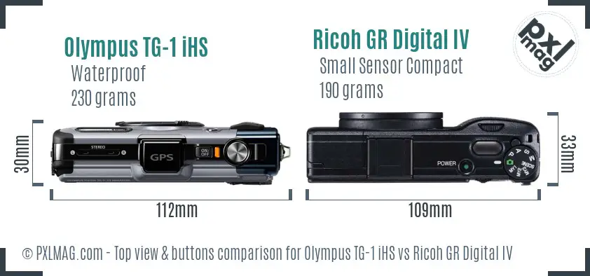 Olympus TG-1 iHS vs Ricoh GR Digital IV top view buttons comparison