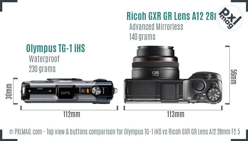 Olympus TG-1 iHS vs Ricoh GXR GR Lens A12 28mm F2.5 top view buttons comparison Olympus TG-1 iHS vs Ricoh GXR GR Lens A12 28mm F2.5 top view buttons comparison