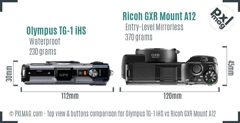 Olympus TG-1 iHS vs Ricoh GXR Mount A12 top view buttons comparison Olympus TG-1 iHS vs Ricoh GXR Mount A12 top view buttons comparison