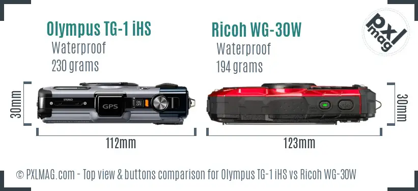 Olympus TG-1 iHS vs Ricoh WG-30W top view buttons comparison