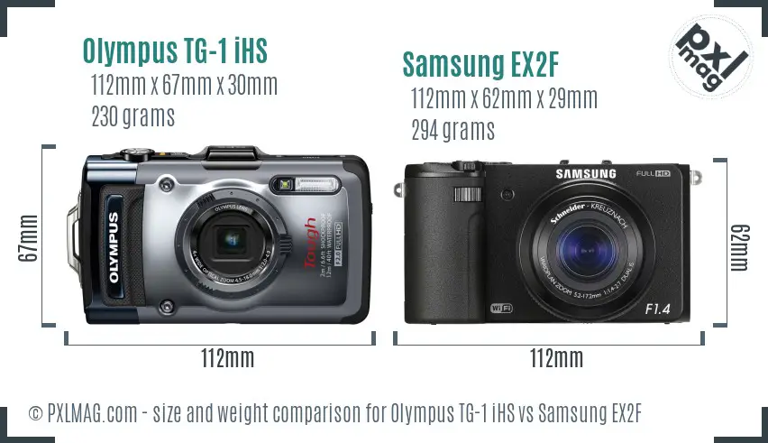 Olympus TG-1 iHS vs Samsung EX2F size comparison Olympus TG-1 iHS vs Samsung EX2F size comparison