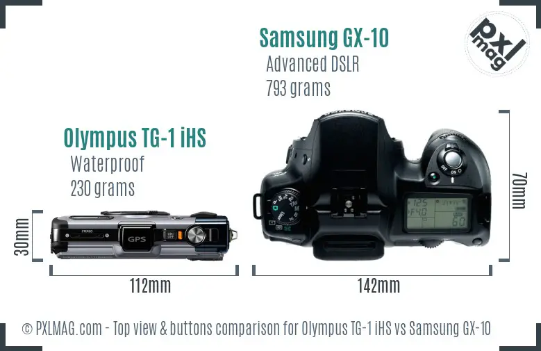 Olympus TG-1 iHS vs Samsung GX-10 top view buttons comparison