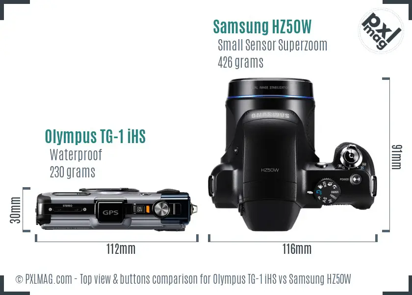 Olympus TG-1 iHS vs Samsung HZ50W top view buttons comparison