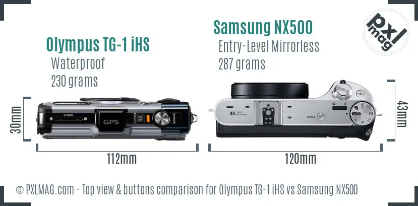 Olympus TG-1 iHS vs Samsung NX500 top view buttons comparison Olympus TG-1 iHS vs Samsung NX500 top view buttons comparison