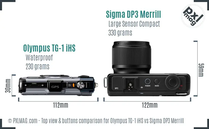 Olympus TG-1 iHS vs Sigma DP3 Merrill top view buttons comparison Olympus TG-1 iHS vs Sigma DP3 Merrill top view buttons comparison