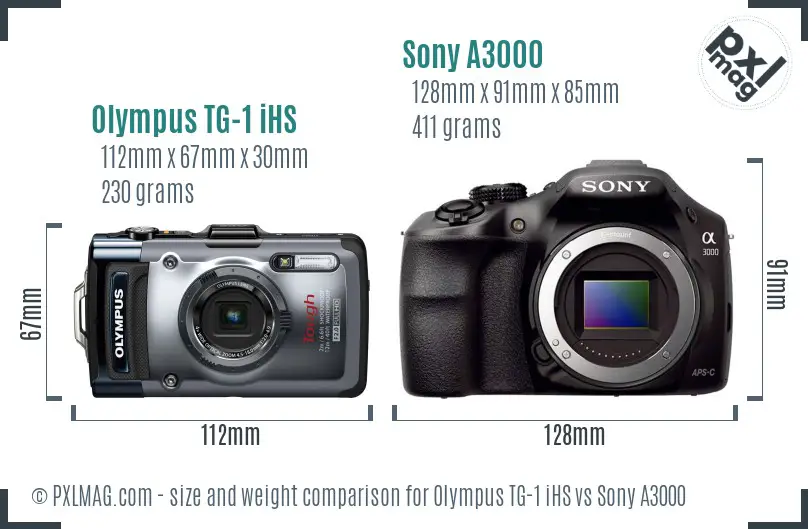 Olympus TG-1 iHS vs Sony A3000 size comparison