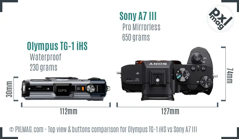 Olympus TG-1 iHS vs Sony A7 III top view buttons comparison