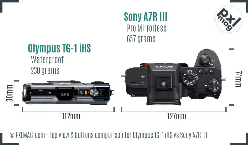 Olympus TG-1 iHS vs Sony A7R III top view buttons comparison