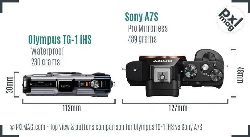 Olympus TG-1 iHS vs Sony A7S top view buttons comparison Olympus TG-1 iHS vs Sony A7S top view buttons comparison