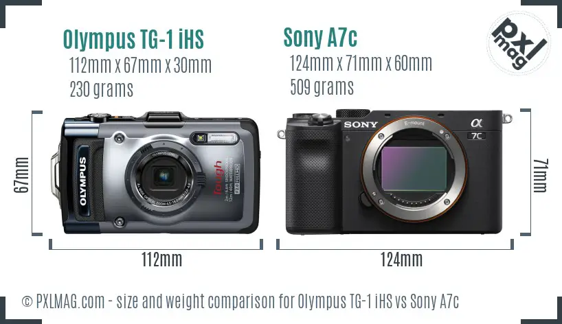 Olympus TG-1 iHS vs Sony A7c size comparison