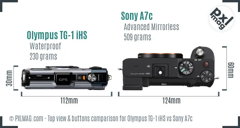Olympus TG-1 iHS vs Sony A7c top view buttons comparison