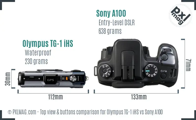 Olympus TG-1 iHS vs Sony A100 top view buttons comparison