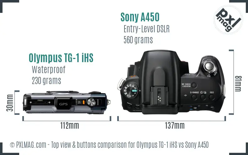 Olympus TG-1 iHS vs Sony A450 top view buttons comparison