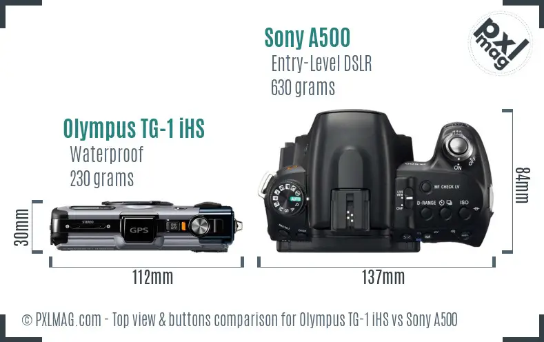 Olympus TG-1 iHS vs Sony A500 top view buttons comparison