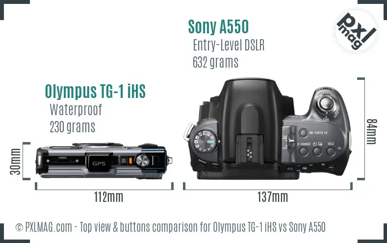 Olympus TG-1 iHS vs Sony A550 top view buttons comparison