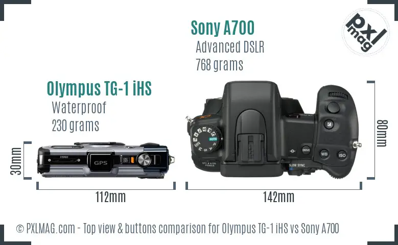 Olympus TG-1 iHS vs Sony A700 top view buttons comparison
