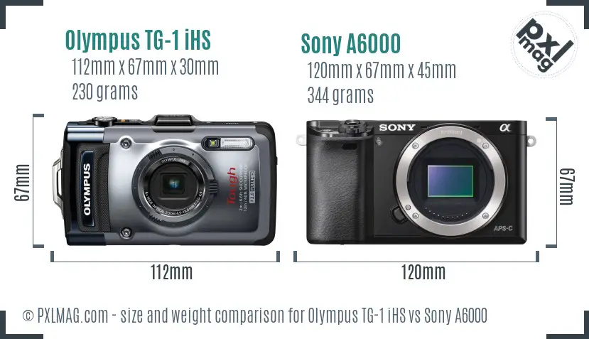 Olympus TG-1 iHS vs Sony A6000 size comparison