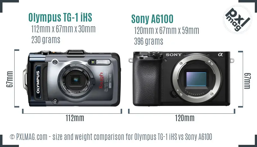 Olympus TG-1 iHS vs Sony A6100 size comparison