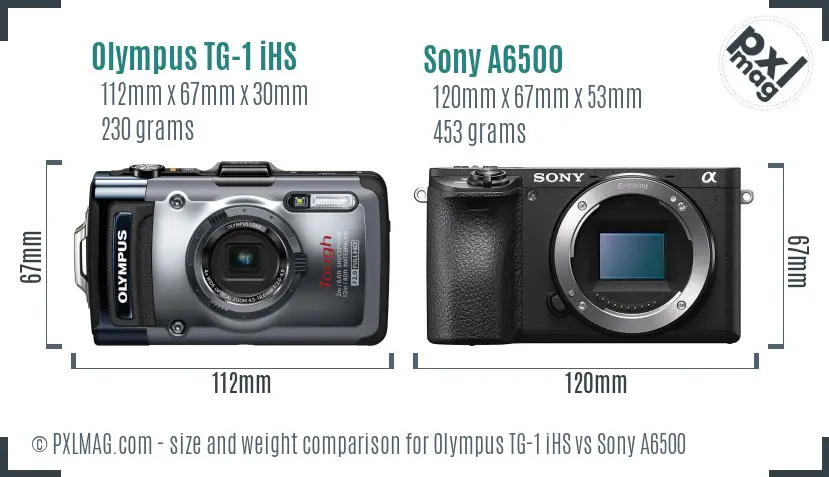 Olympus TG-1 iHS vs Sony A6500 size comparison