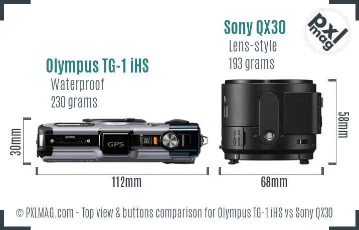 Olympus TG-1 iHS vs Sony QX30 top view buttons comparison