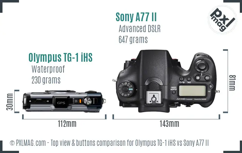 Olympus TG-1 iHS vs Sony A77 II top view buttons comparison