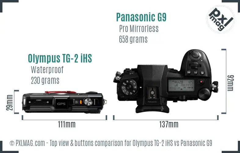 Olympus TG-2 iHS vs Panasonic G9 top view buttons comparison