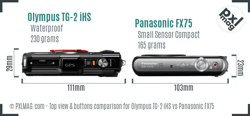 Olympus TG-2 iHS vs Panasonic FX75 top view buttons comparison Olympus TG-2 iHS vs Panasonic FX75 top view buttons comparison