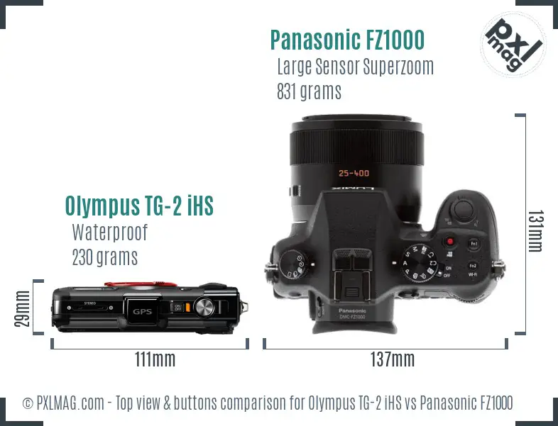 Olympus TG-2 iHS vs Panasonic FZ1000 top view buttons comparison Olympus TG-2 iHS vs Panasonic FZ1000 top view buttons comparison
