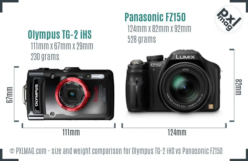 Olympus TG-2 iHS vs Panasonic FZ150 size comparison Olympus TG-2 iHS vs Panasonic FZ150 size comparison