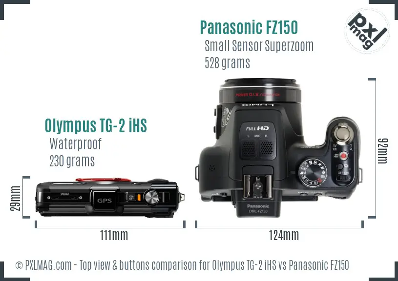 Olympus TG-2 iHS vs Panasonic FZ150 top view buttons comparison Olympus TG-2 iHS vs Panasonic FZ150 top view buttons comparison
