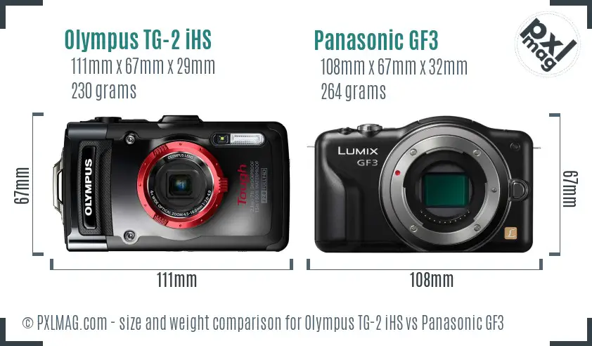Olympus TG-2 iHS vs Panasonic GF3 size comparison Olympus TG-2 iHS vs Panasonic GF3 size comparison