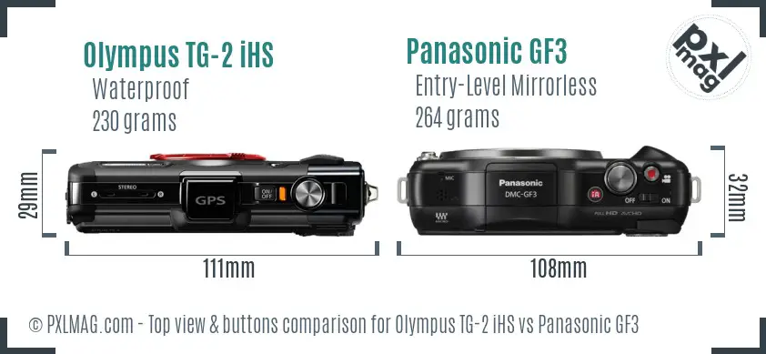 Olympus TG-2 iHS vs Panasonic GF3 top view buttons comparison Olympus TG-2 iHS vs Panasonic GF3 top view buttons comparison