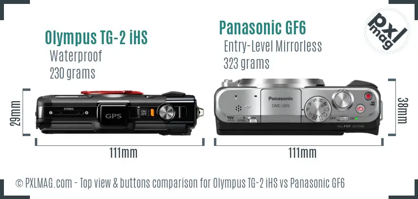 Olympus TG-2 iHS vs Panasonic GF6 top view buttons comparison Olympus TG-2 iHS vs Panasonic GF6 top view buttons comparison