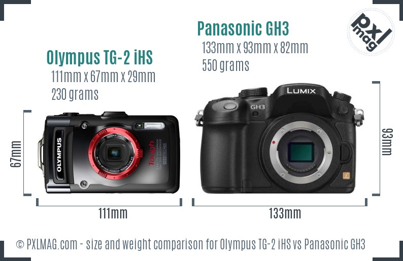 Olympus TG-2 iHS vs Panasonic GH3 size comparison