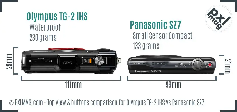 Olympus TG-2 iHS vs Panasonic SZ7 top view buttons comparison Olympus TG-2 iHS vs Panasonic SZ7 top view buttons comparison