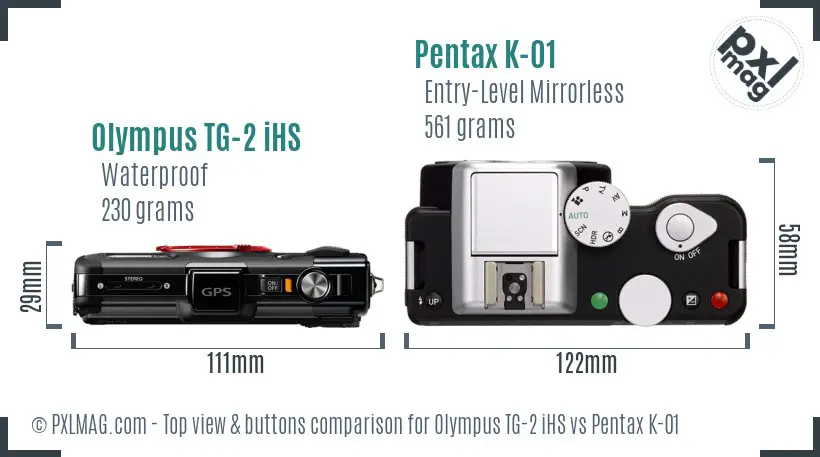 Olympus TG-2 iHS vs Pentax K-01 top view buttons comparison